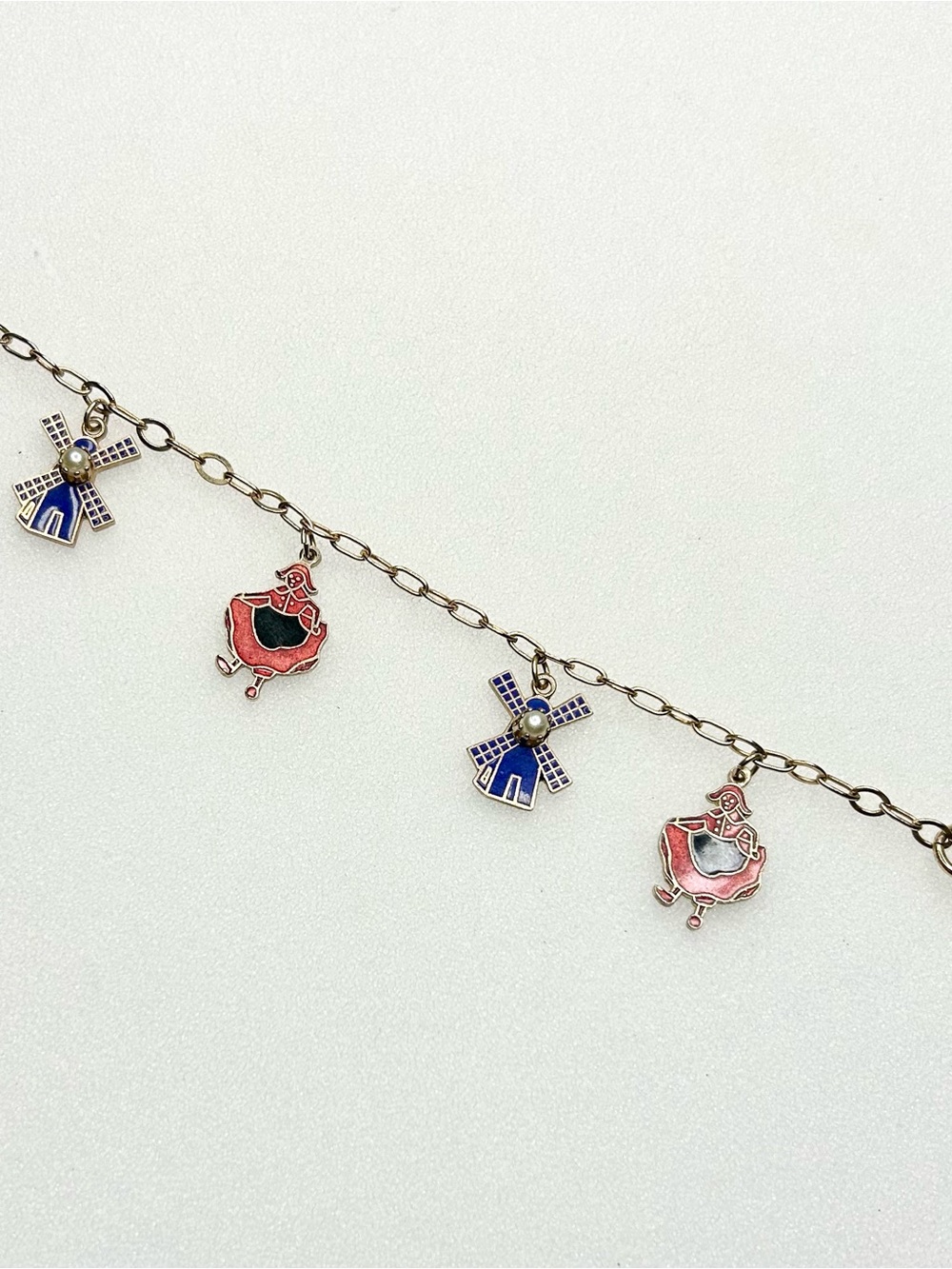 Vintage Charm Bracelet with Blue Windmill & Pink Dancer Charms 6.5”